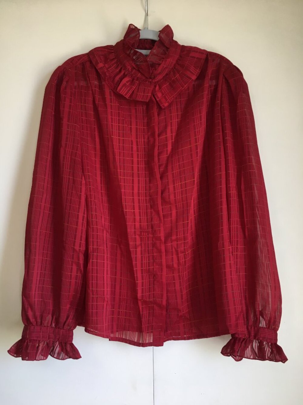 The Bay Vintage Plaid Frilly Mockneck Button Up Cherry Blouse Semi Sheer - L